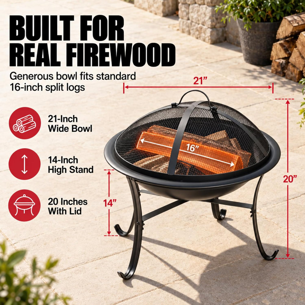 Gas One 22 in Outdoor– Wood Burning Fire Pit with Mesh Lid and Fire Picker – ...
