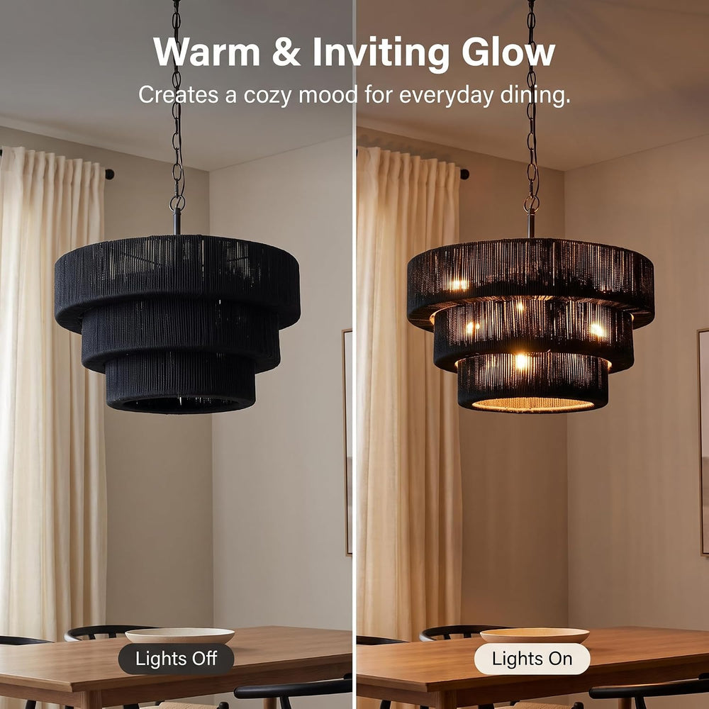 20" 10-Light Boho Black Rattan Chandelier, 3-Layer Coastal Farmhouse Han...