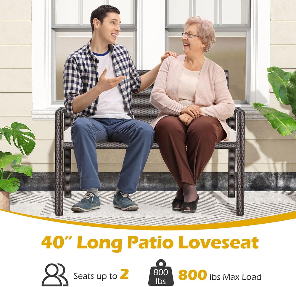 Tangkula Outdoor Rattan Bench, 2-Person Patio Loveseat with Removable Seat Cu...