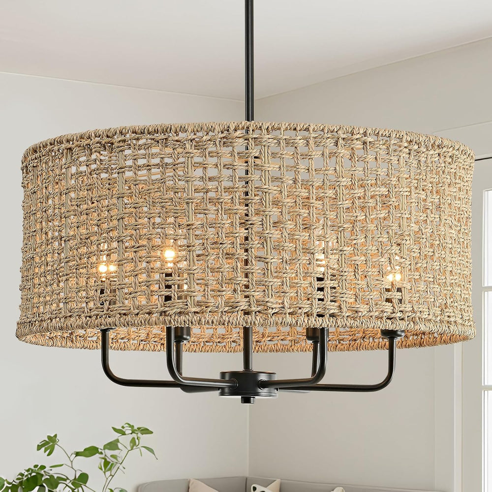 21.6" Large Rattan Chandelier, 6-Light Boho Pendant Light
