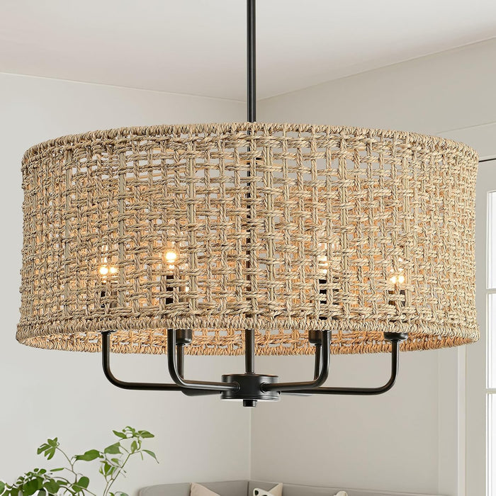 21.6" Large Rattan Chandelier, 6-Light Boho Pendant Light