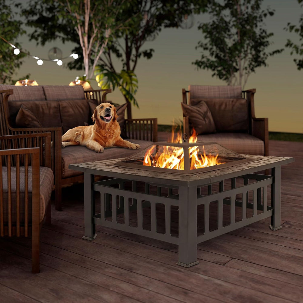 32 Inch Outdoor Fire Pit with Spark Screen Lid and Waterproof Cover, Square M...