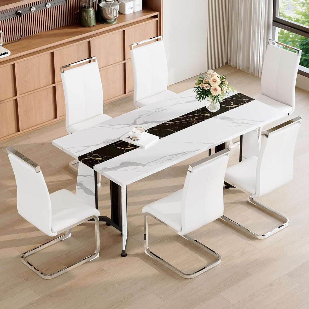 Dining Table Set for 6,White Marble 71'' Dining Room Table with Spaci...
