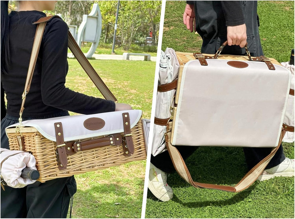 Multifunctional Wicker Picnic Basket Set for 2 Adults with Picnic Table and B...