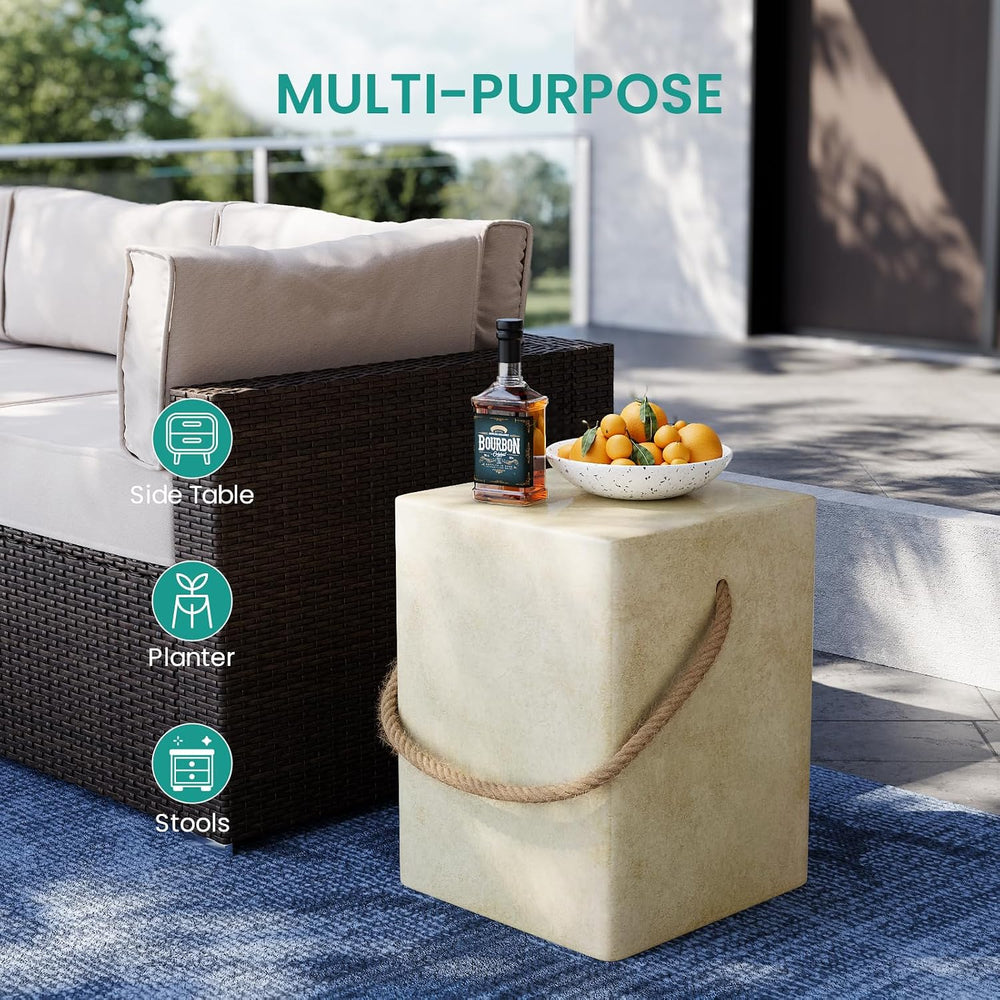 SUNBURY Outdoor Side Table, 18" H Concrete End Table for Patio w Hemp Rope