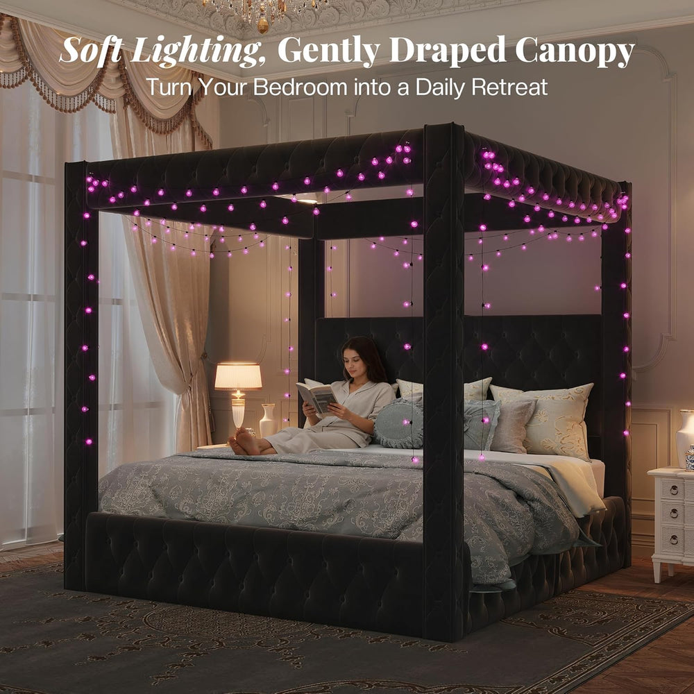 Jocisland Queen Canopy Bed Frame Velvet Upholstered Headboard, Black