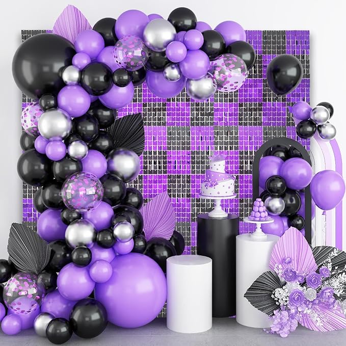 24PCS Black Purple Shimmer Wall Backdrop, Square Sequin Photo Backdrops Panel...