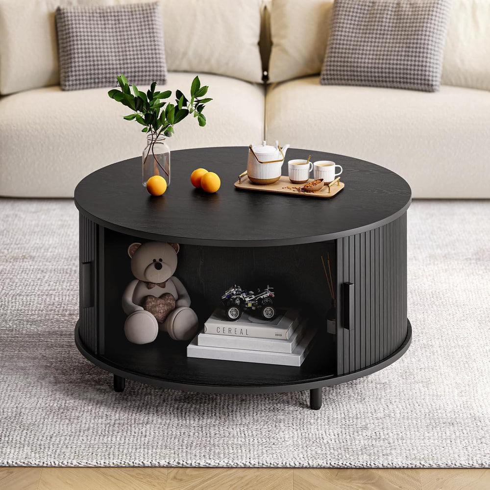 ONBRILL 31.5" Round Coffee Table with Storage Adjustable Footpads, Black