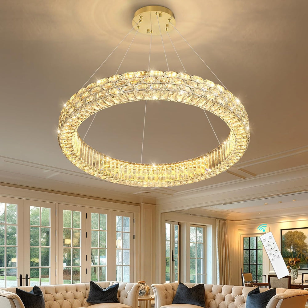 Modern Crystal Chandelier for Living Room Dimmable LED Pendant Light Round Ha...