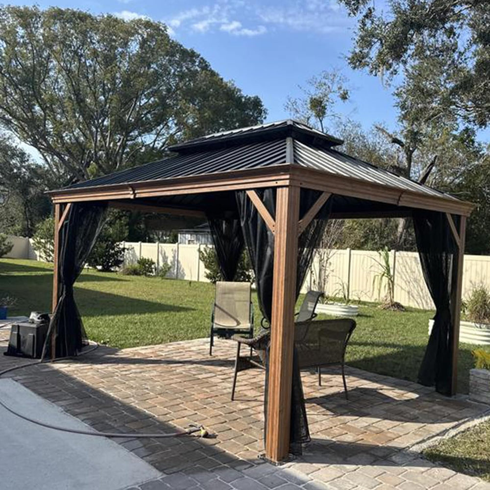PURPLE LEAF Gazebo 12' x 14' with Drainage System, Wood Grain Frame