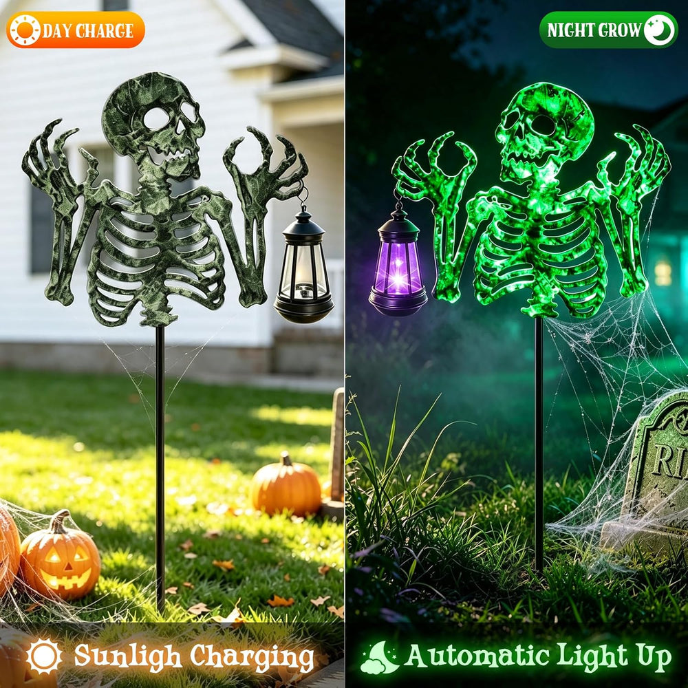 Halloween Skeleton Decorations Outdoor,Spooky Green Glowing Iron Skull