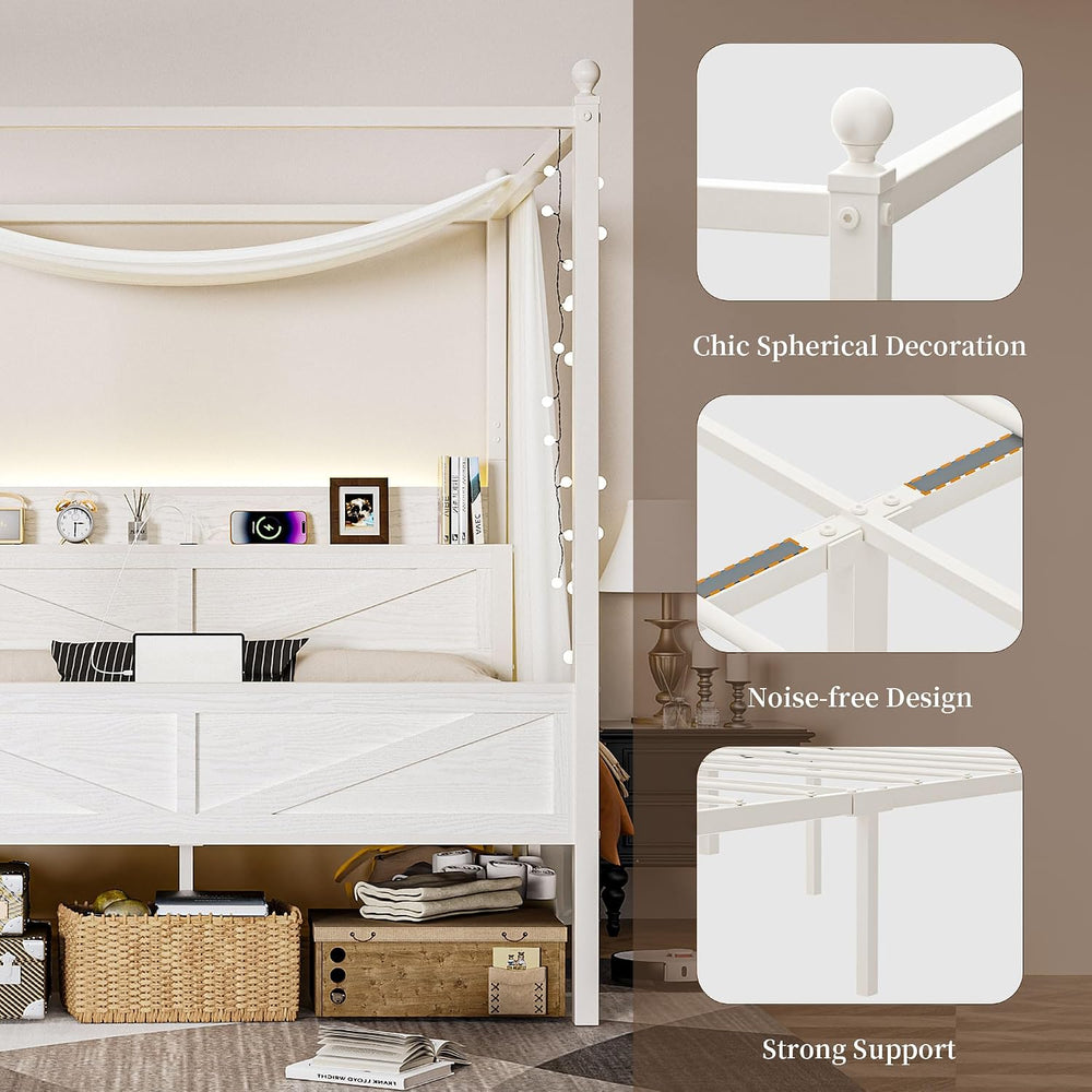 Canopy Bed Frame Full Size with Storage Headboard, Beige