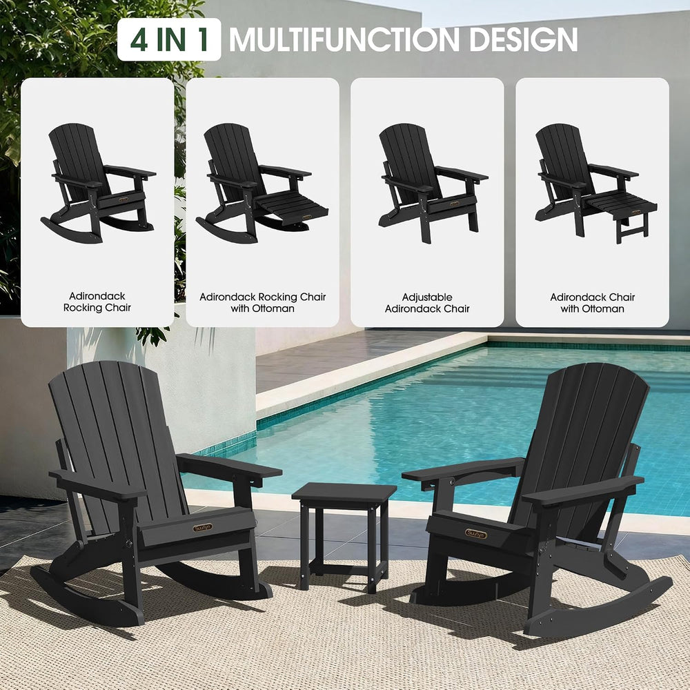 4-in-1 Adirondack Rocking Chair Set of 4, HDPE, Ottoman, Black