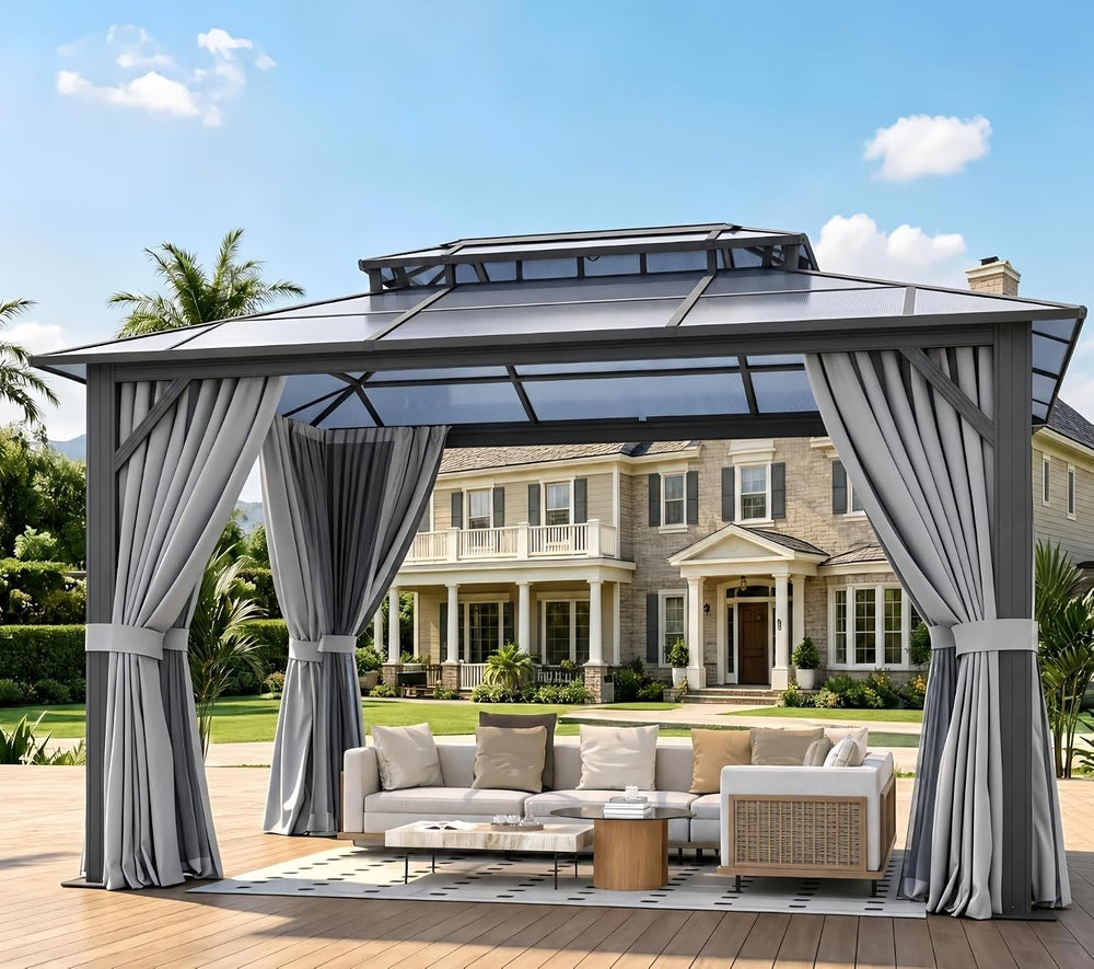 10'x12' Hardtop Gazebo Outdoor Permanent Gazebo with Double Polycarbo...