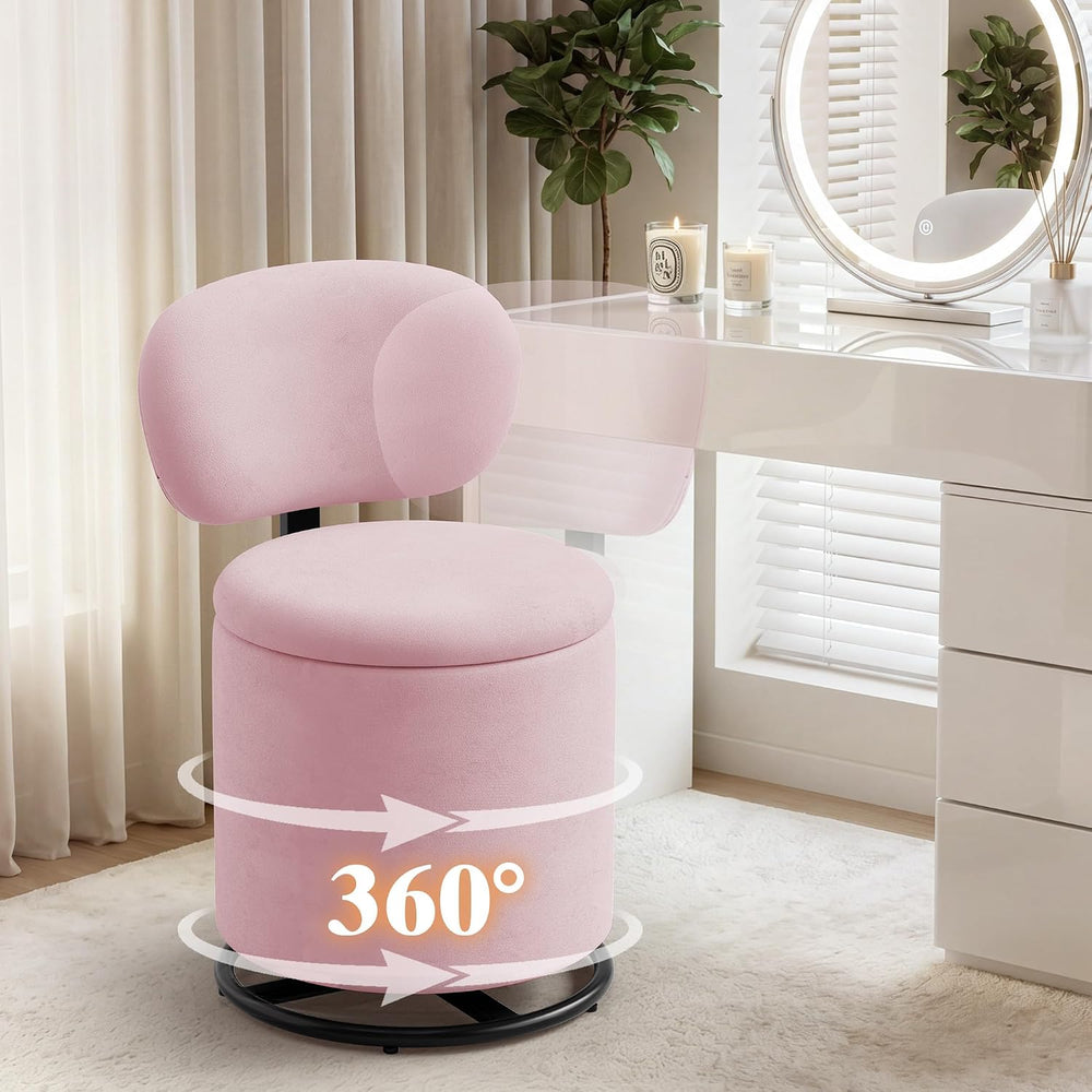 LIVELYGLOW Pink Velvet Swivel Vanity Chair with Storage Makeup Stool