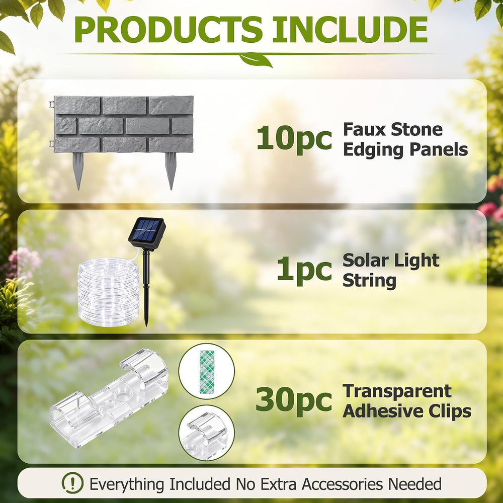 14.76 FT Imitation Stone Garden Fence, 1pc Solar Light String, 30pc Clips