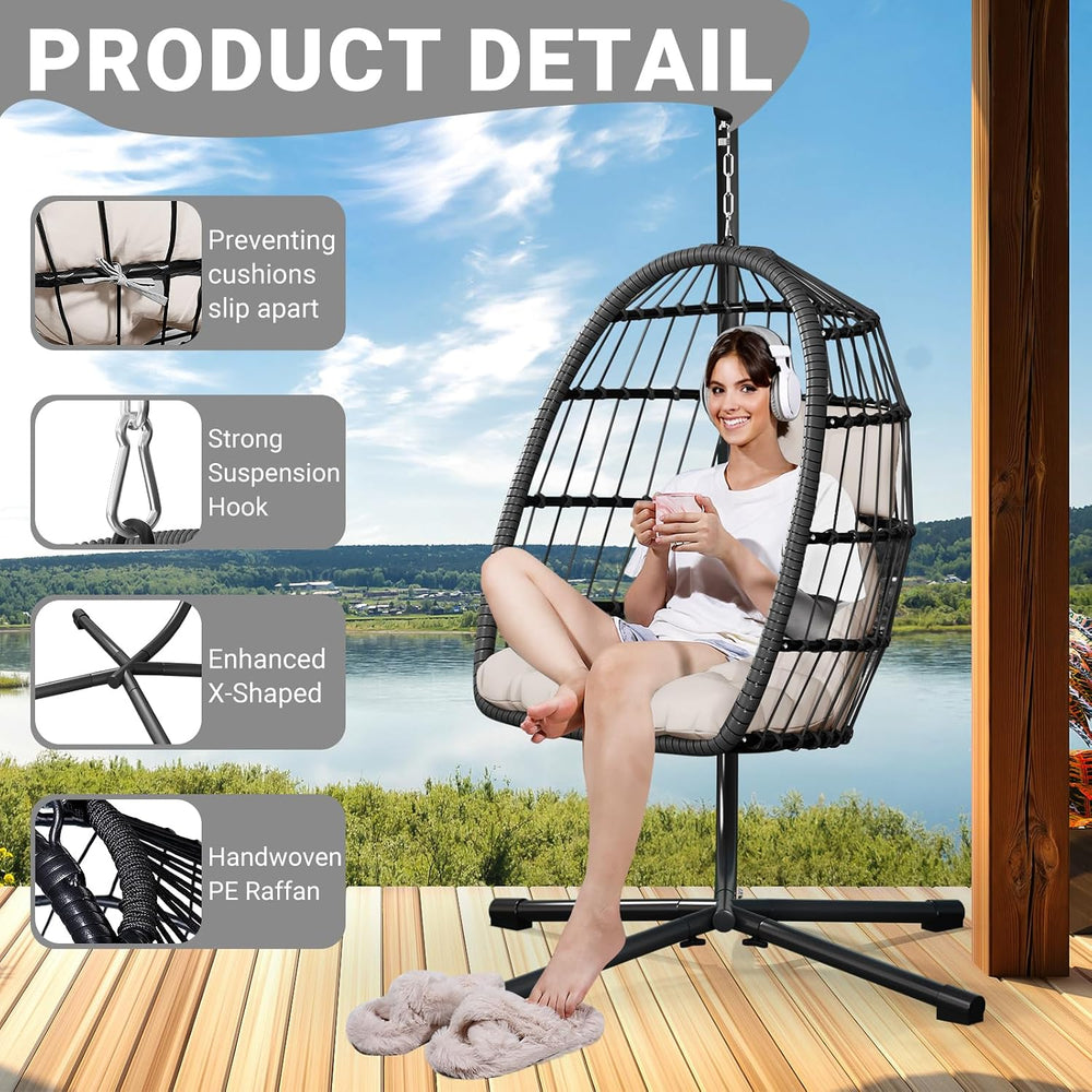 LEVELEVE Egg Chair with Stand,Patio Rattan Wicker Hanging Swing Egg Chair Ham...