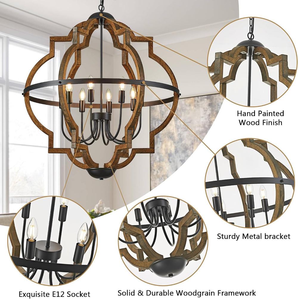 31.96" 8 Light Brown Oak Wood Drum Pendant Light for Dining Room