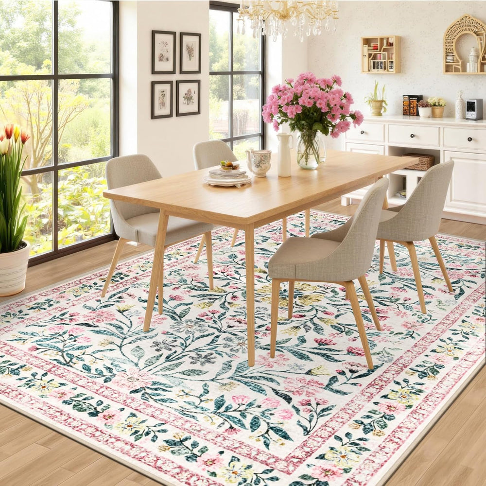 PLHXFR 8x10 Area Rug Living Room: Floral Washable Boho Carpet Pink Green