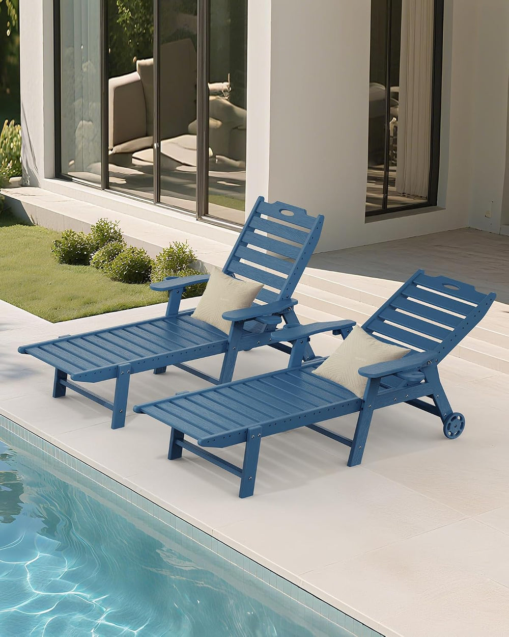 Carauci Lounge Chair Outdoor, HDPE Chaise Lounge with Wheels, 5-Position Adju...