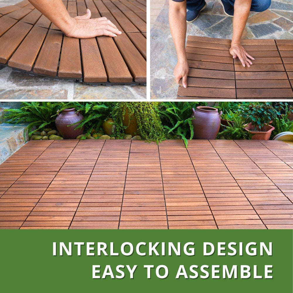 BEEFURNI Interlocking Acacia Wood Deck Tiles 12x12, 20PCS, Brown