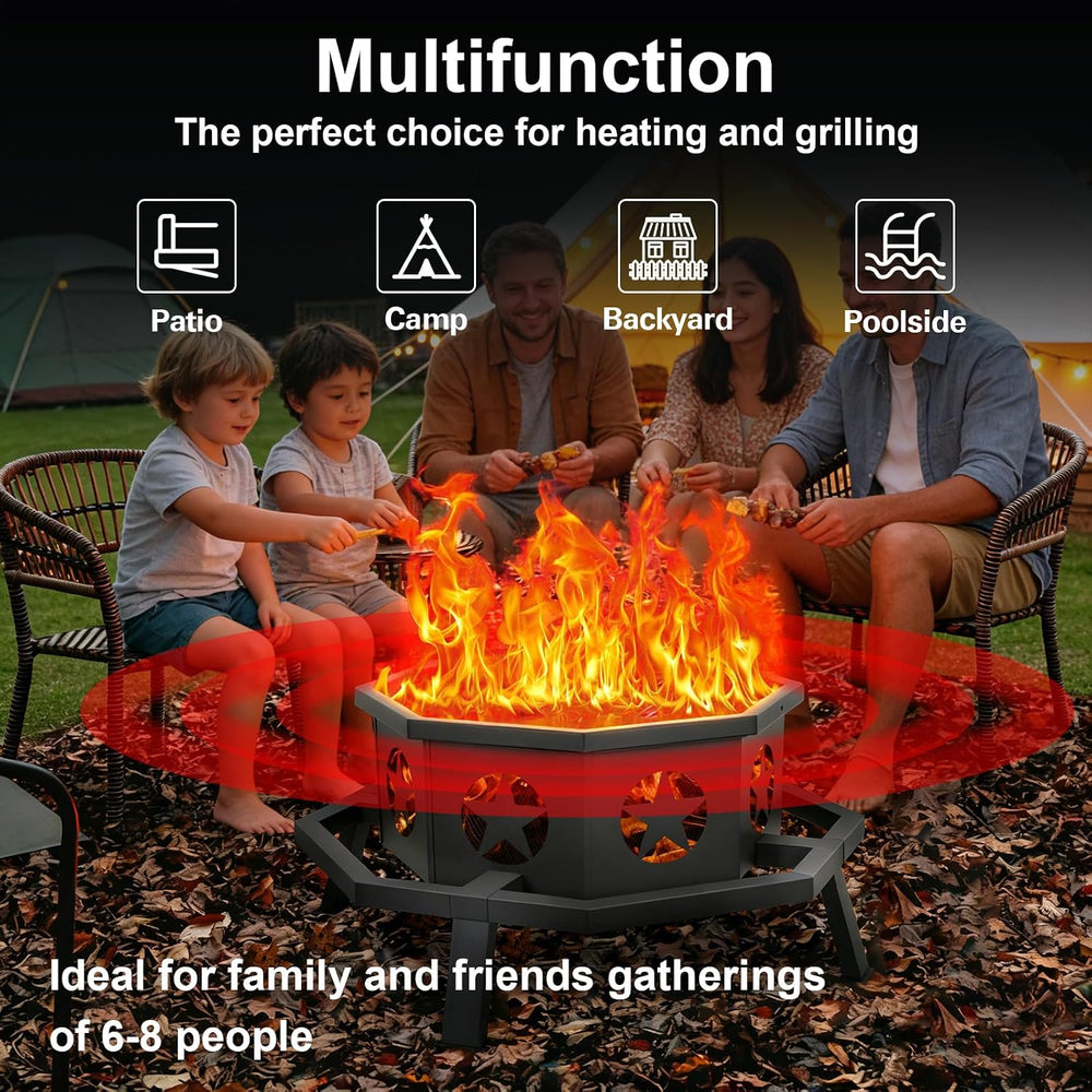 Hykolity 31 Inch Fire Pit, Octagonal Outdoor Fire Pit, 2 in 1 Wood Burning Fi...
