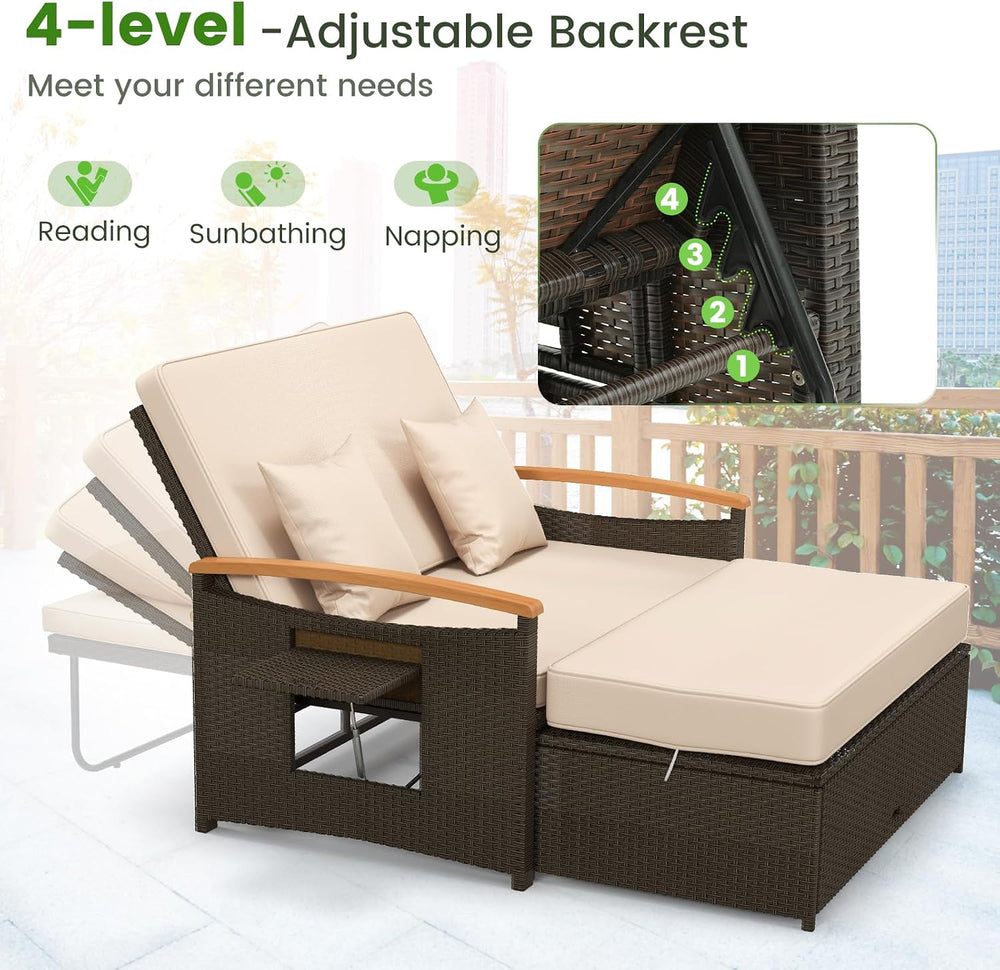Tangkula Patio Rattan Daybed, Outdoor Wicker Loveseat, Mix Brown & Beige