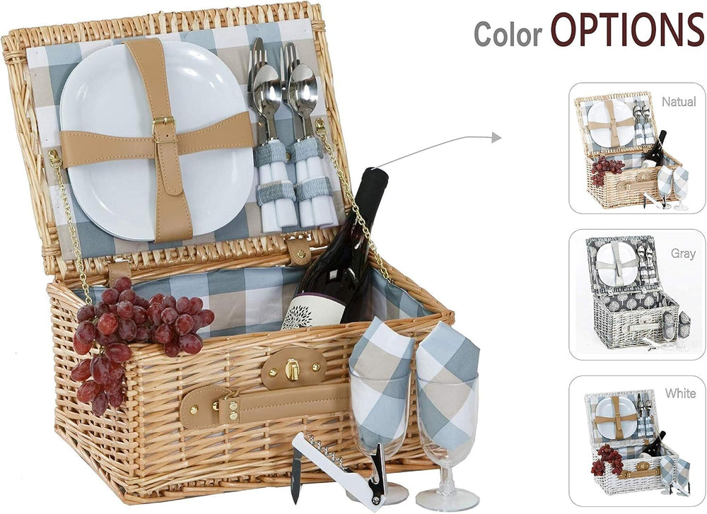Boothbay Two Person Picnic Basket Willow Picnic Basket with Two Plates/Flatwa...