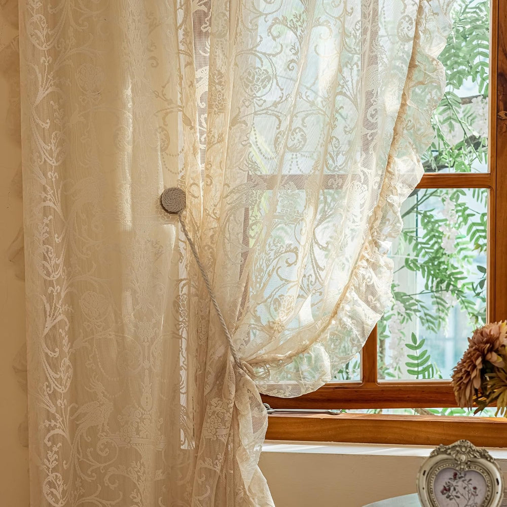 TUDECO Beige Lace Curtains 84 Inches Long, Vintage Ruffle, 2 Panels