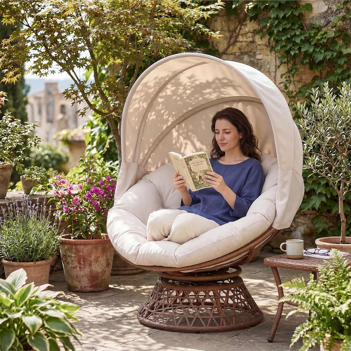 GTPLAYER Outdoor Wicker Egg Chair PE Rattan Chair with Cushion, Oversized Patio Lounge Chair with Canopy Papasan Chair 360° Swivel Base for Outdoor, Indoor, Balcony, Backyard, Garden, Beige