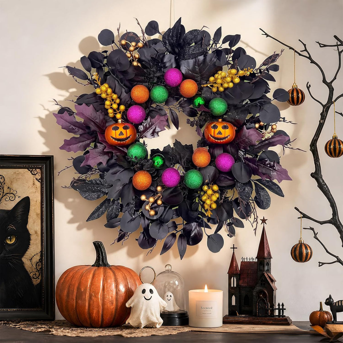 24Inch Halloween Wreath for Front Door,Pumpkins Wreath Halloween Decorations for Home Porch Wall Indoor Outdoor Decor