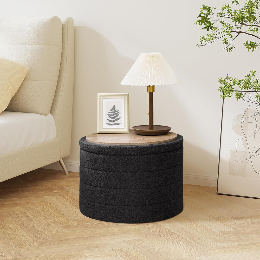 PINPLUS Round Storage Ottoman, Foldable Sherpa Ottoman Footstool Storage with...