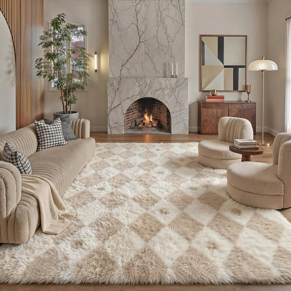 PureCozy Beige 6x9 Area Rug for Living Room Soft Checkered Shag Carpet