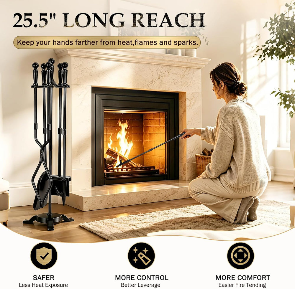 FEED GARDEN 5 Pieces Fireplace Tool Set with Stand,Wrought Iron,29.5” Black