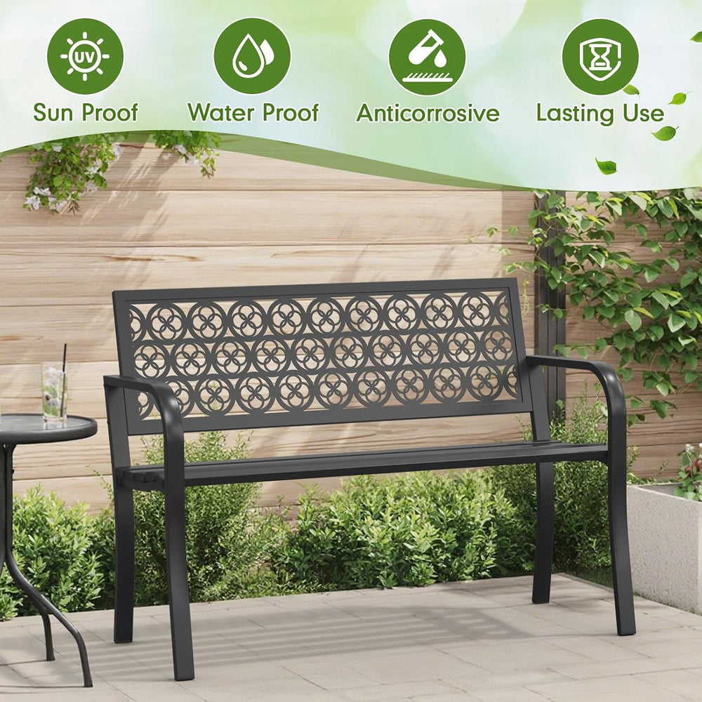 44" Outdoor Garden Bench, Iron Metal Frame Patio Bench with Backrest and...