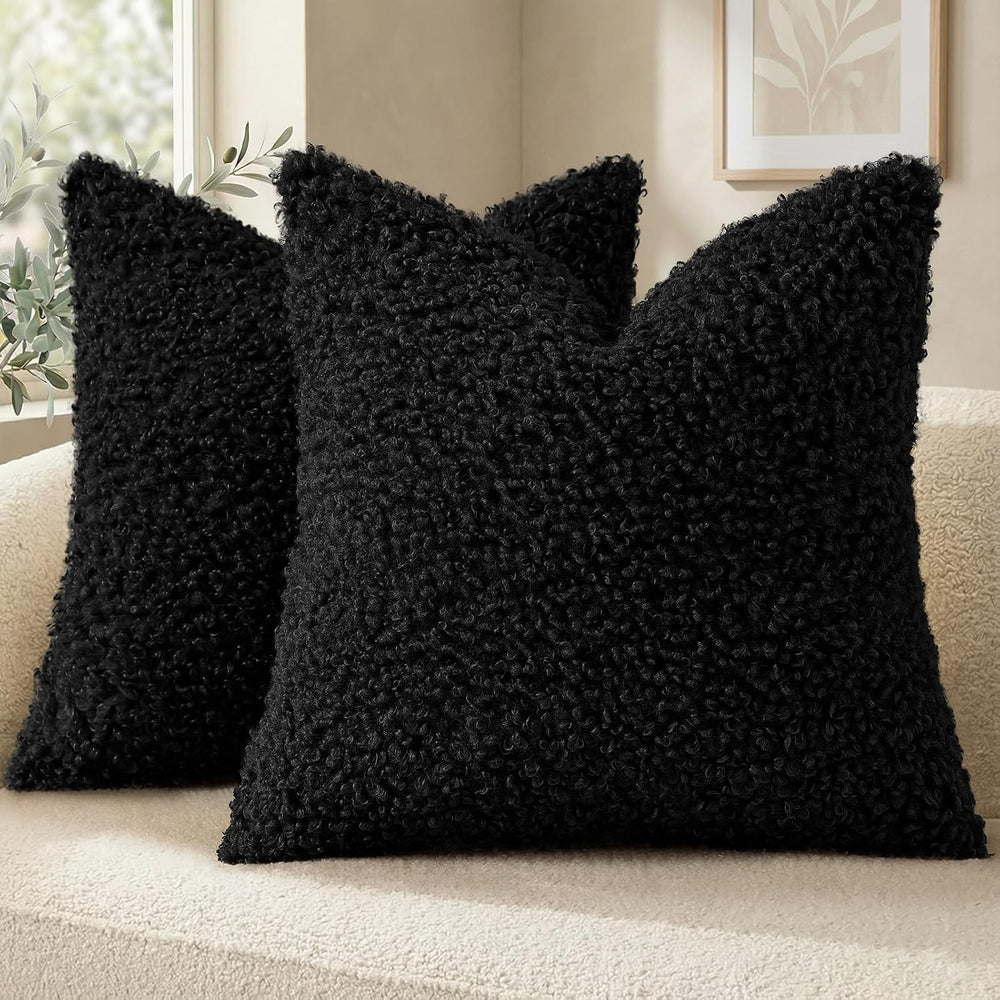decorUhome Sherpa Decorative Throw Pillow Covers 24x24 Set of 2 Black