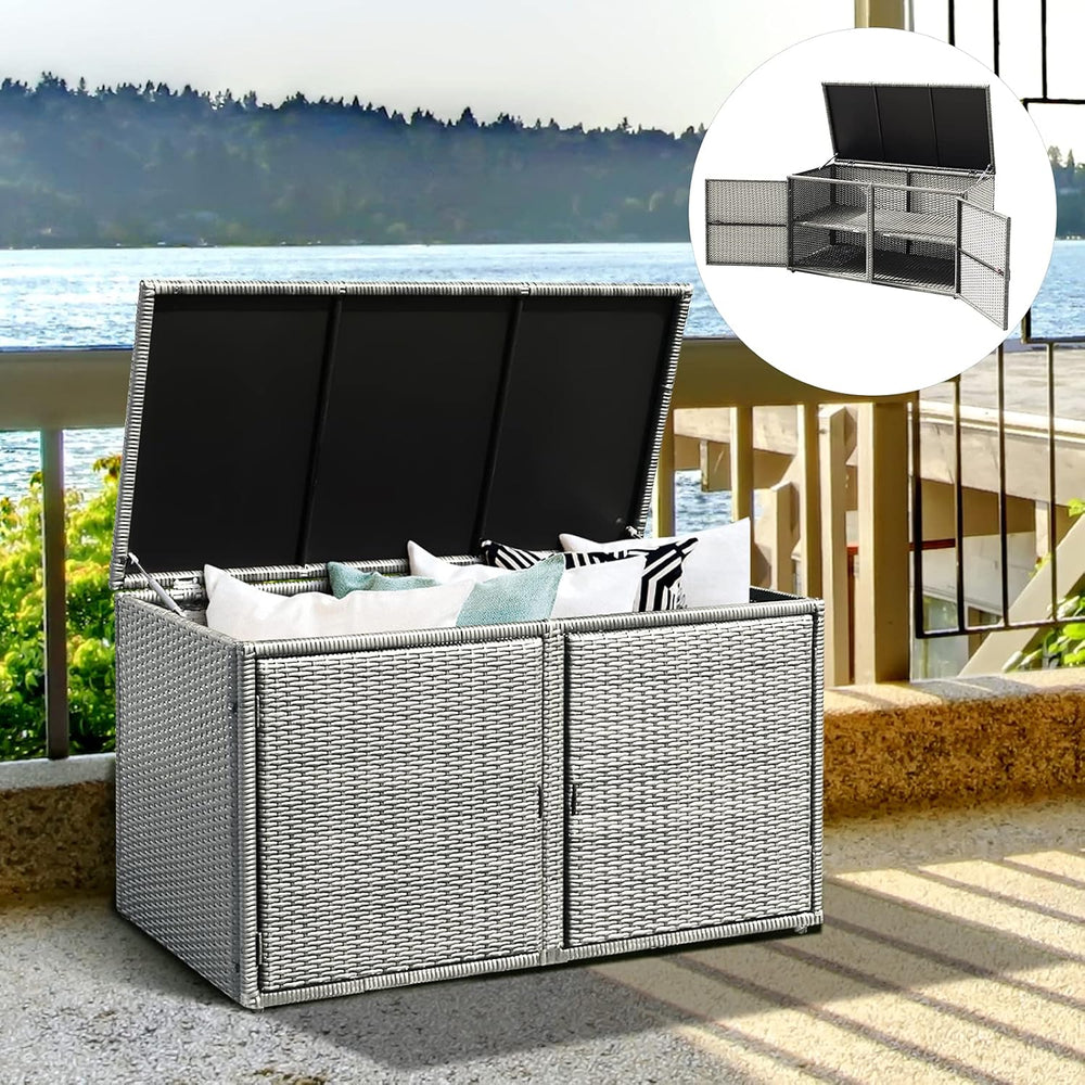 HAPPYGRILL Deck Box Outdoor Patio Pool Storage Box Outside Rattan Wicker Stor...