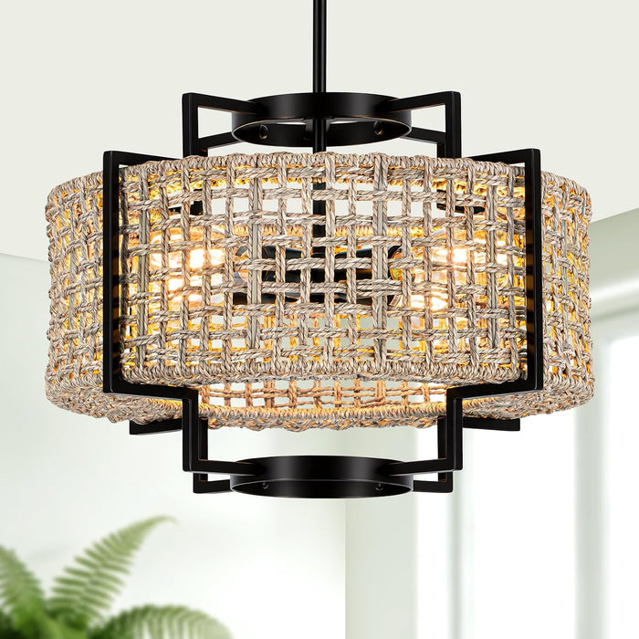 18" Rattan Chandelier, 4-Light Boho Pendant Light for Dining Room