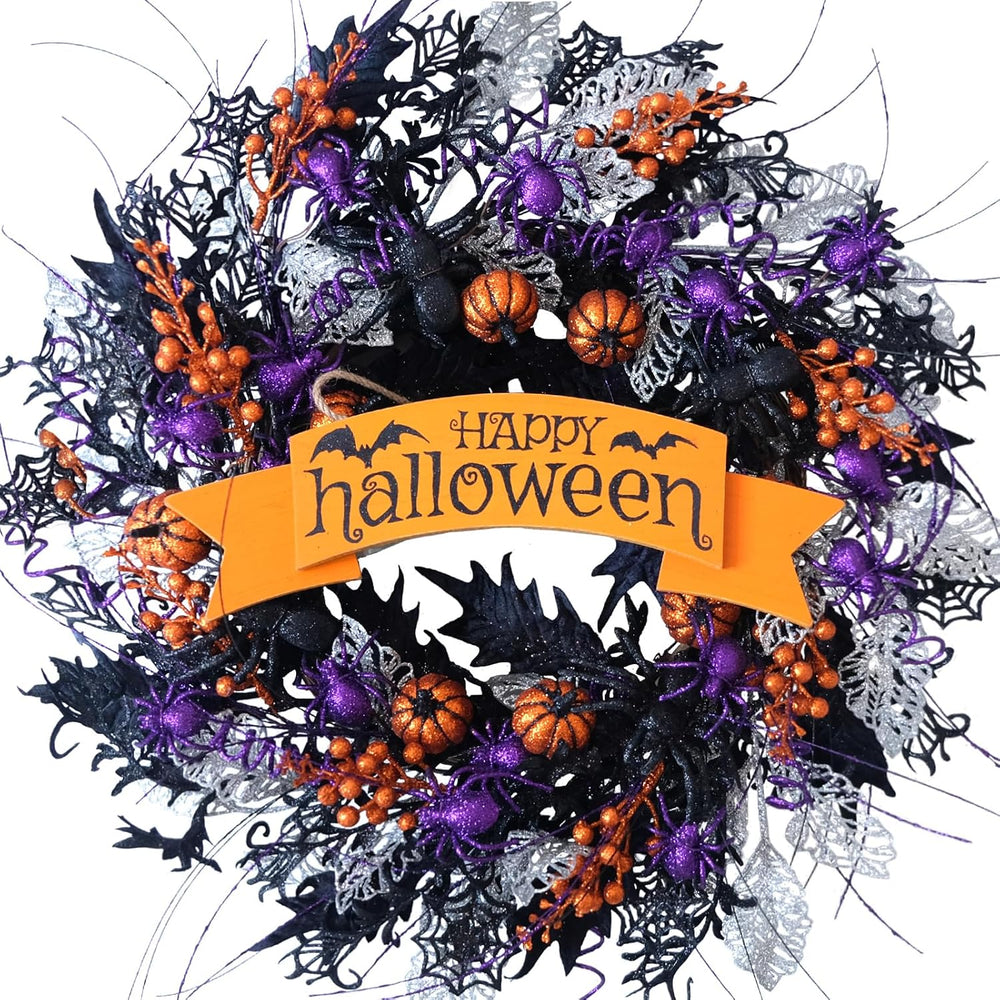 22 Inch Halloween Glitter Pumpkin Spider Wreath for Front Door
