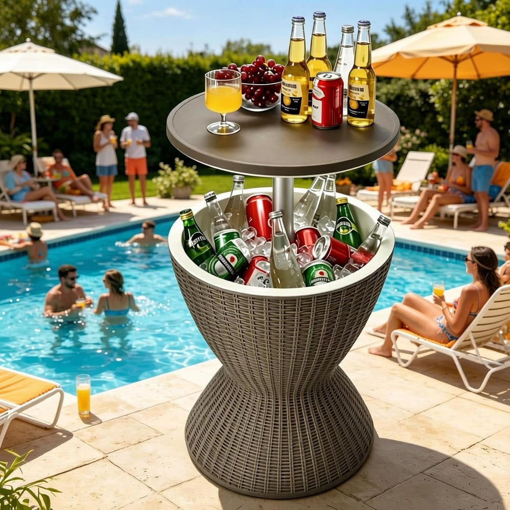Tangkula Outdoor Cool Bar Table, Rattan Style Patio 8 Gallon Beer and Wine Co...