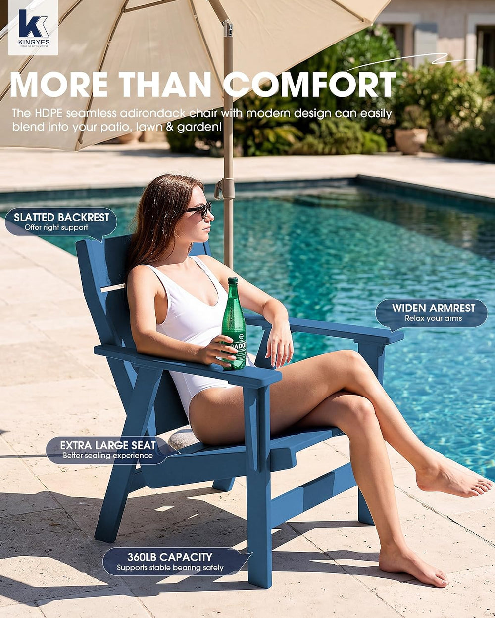 KINGYES Modern Adirondack Chair Set of 6, Slateless Design, Navy