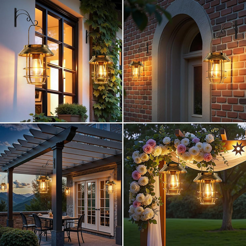 4 Pack Solar Lanterns Outdoor Waterproof, Metal Hanging Lantern, Bronze