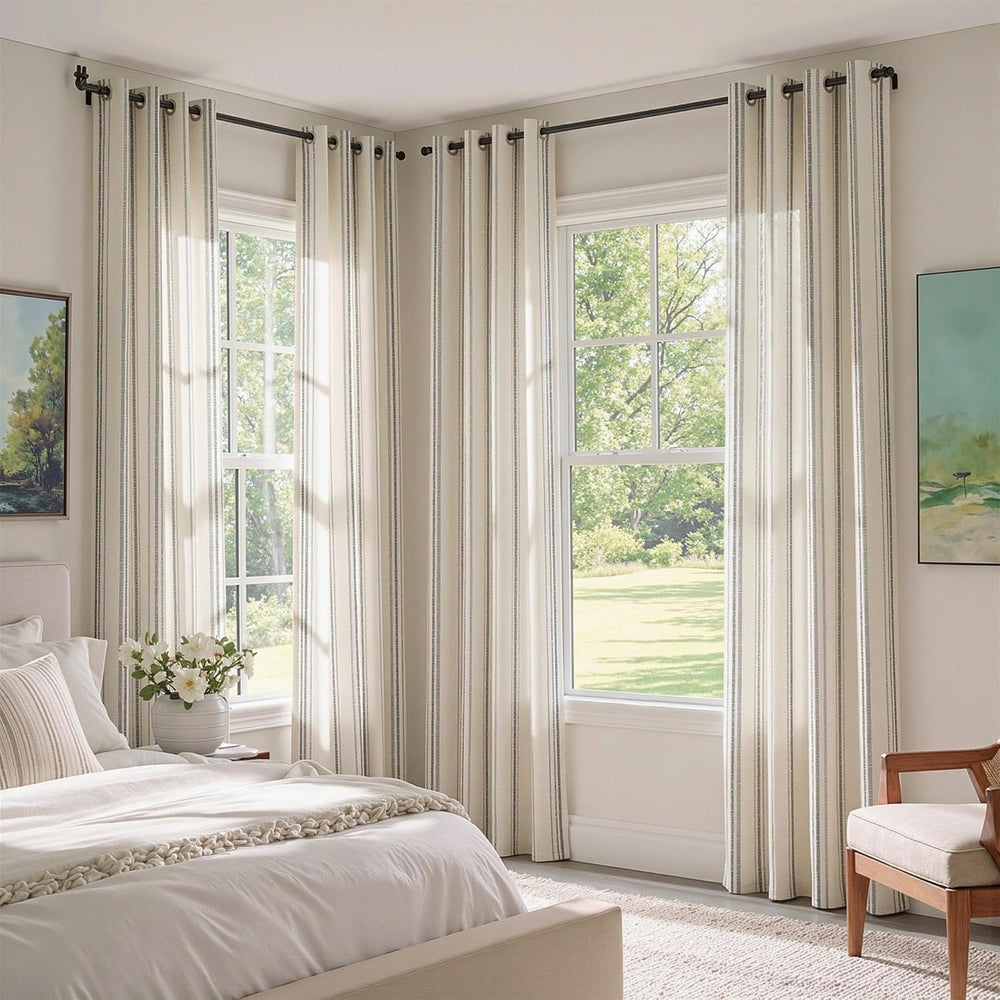 MYSKY HOME Grey Striped Linen Curtains for Living Room 84 Inches 2 Panels