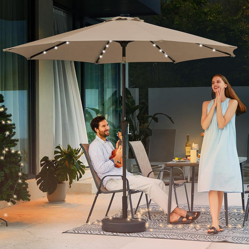 JEAREY 9' Patio Umbrella with Solar Lights, LED Umbrella, Beige