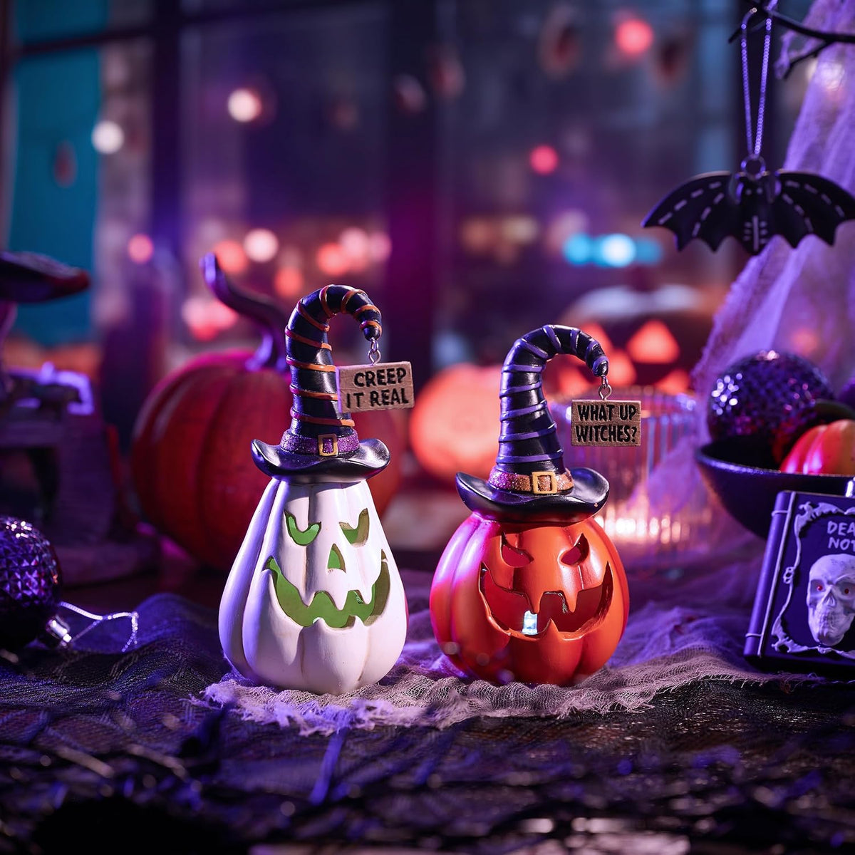 Valery Madelyn Pumpkin Halloween Decorations Indoor for Home, 2Pcs Resin Halloween Figurines with Light, White and Orange Jack o Lantern Decor with Witch Hat for Table Tiered Tray, 6.5" Tall