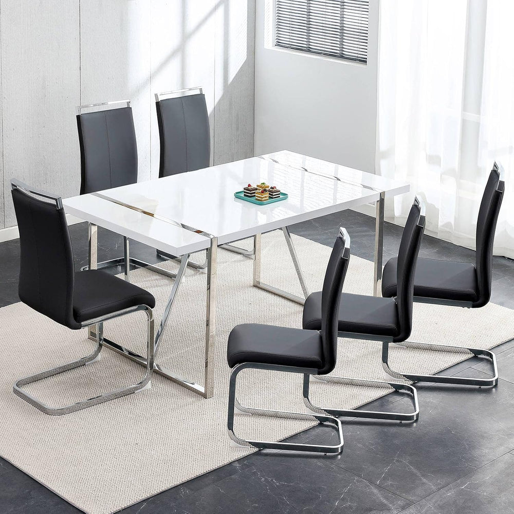 Ebullient Dining Table Set for 6，White Rectangular MDF Kitchen Table and Leat...