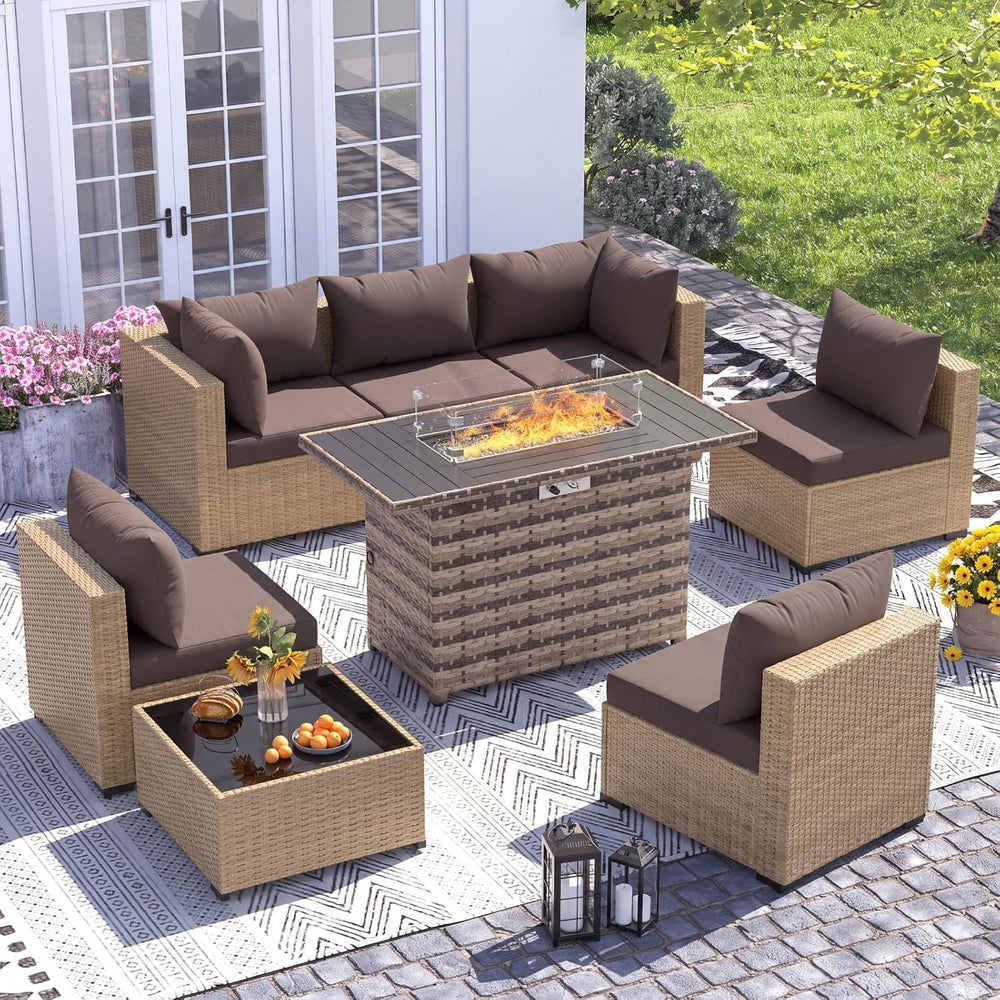 UDPATIO Outdoor Furniture 8-Piece Wicker Patio Set with 44" Fire Pit Table