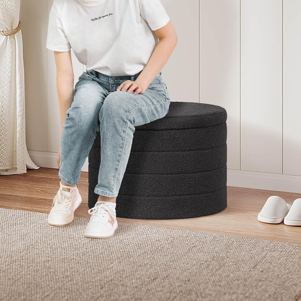 PINPLUS Round Storage Ottoman, Foldable Sherpa Ottoman Footstool Storage with...