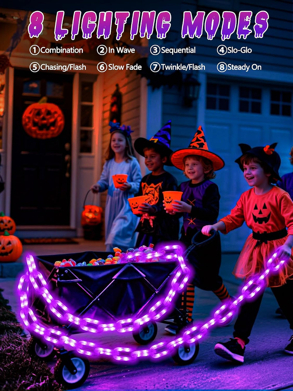 Solar Halloween Chain Lights 10 FT 160 LED Purple Light-Up Plastic 8 Modes