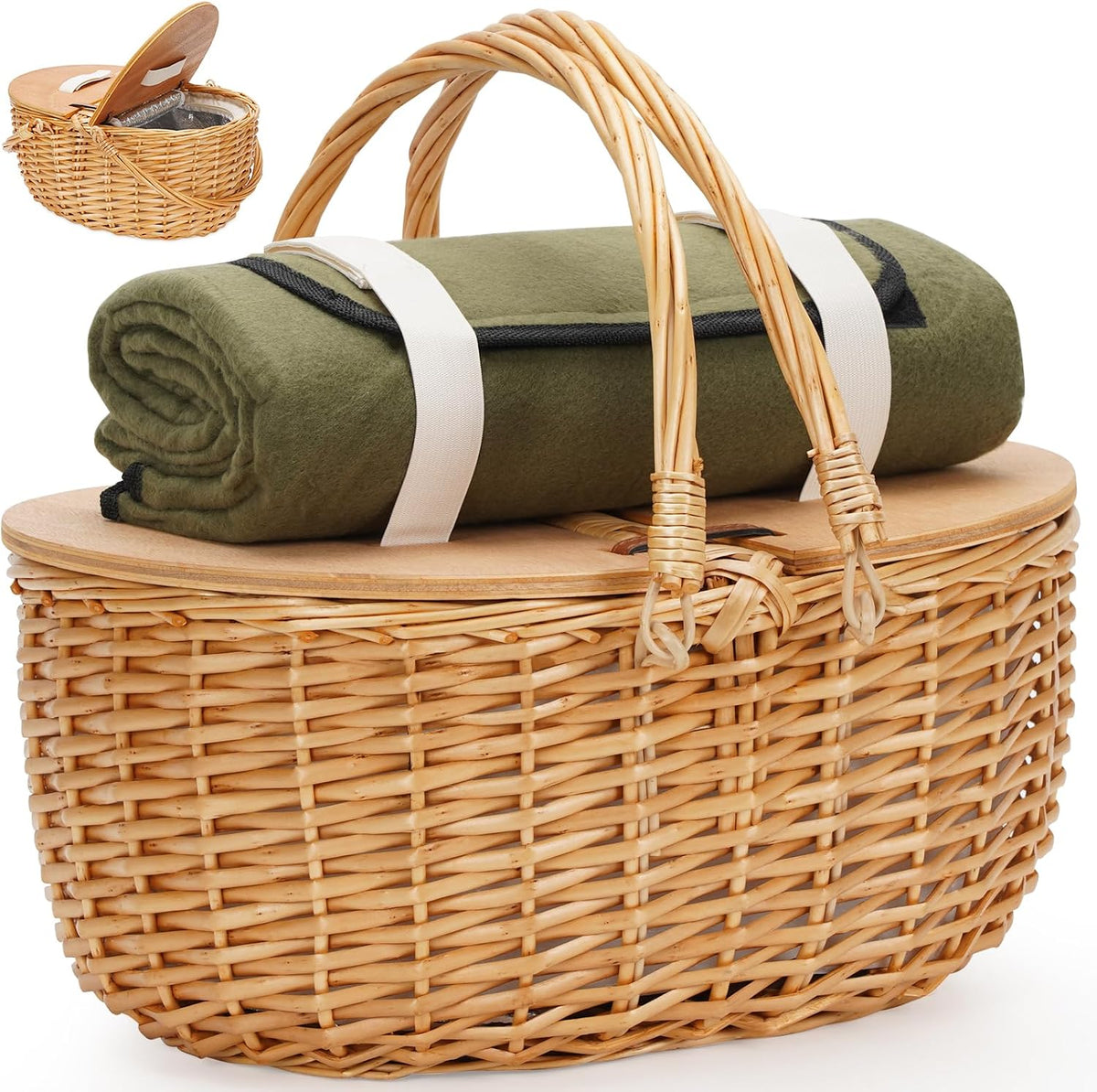 15" cooler picnic basket with blanket, wooden split, main product view